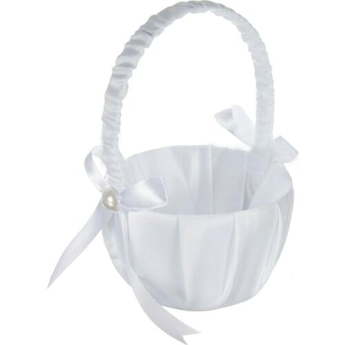 Hot Romantic White Satin Bowknot PEARL Flower Girl Basket Wedding Ceremony Party