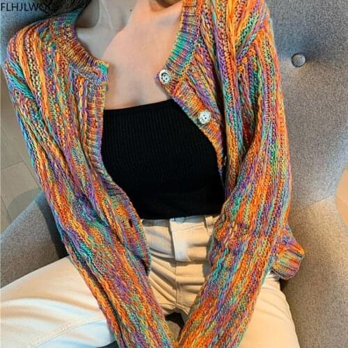 Gradient Colors Tops 2020 Autumn Winter Outerwear Coat Long Sleeve Cute Casual Knitting Sweater Single Breasted Button Cardigans