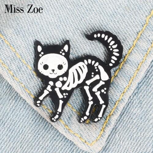 Cat Skeleton Enamel Pin Punk Glitter Dark Cat Badge Brooch Bag Clothes Lapel pin Funny Animal Jewelry Gift for Friends