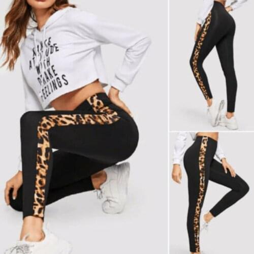 Women Leggings Leopard Side Striped Skinny Stretchy Ankle Length Leggings High Waist Running Pants