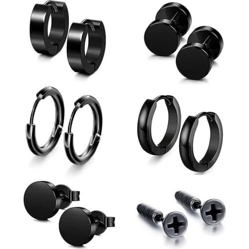 1 PC Men Punk Stainless Titanium Steel Stud Earrings Black Round Cross Simple Drop Hoop Ear Jewelry Hip Hop Street Boys Gift