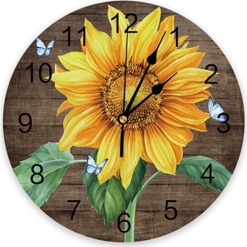 Sunflower Flower Butterfly Wood Grain Print Wall Clock Wall Art Silent Non ticking Round Wall Watch for Home Decortaion Gift