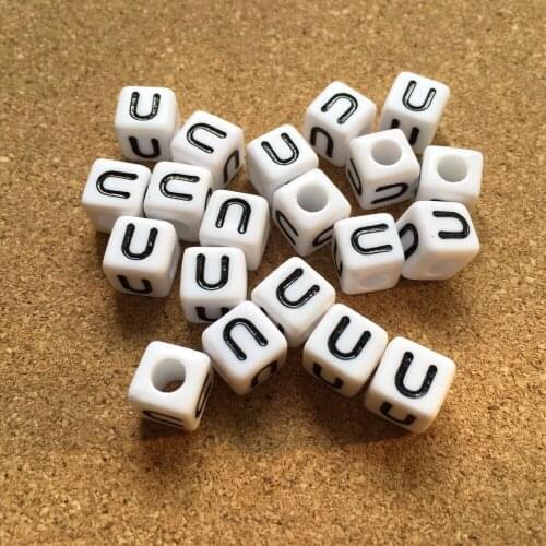 New Arrival 50pcs/lot 8*8MM Cube Acrylic Letters Beads Single Initial U Printing Plastic Square Alphabet Spacer Beads