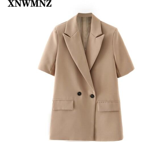 XNWMZN 2021 Women Fashion Short Sleeve Fitting Blazer Coat Office Ladies Pockets Casual Suits Double Breasted Chic Summer Tops