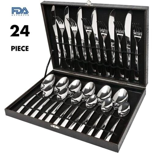 Gift Wooden Box & 24PCS Cutlery Set Steel Dinner Set Stainless Steel Mirror Polishing Sets Tableware Flatware Dinnerware