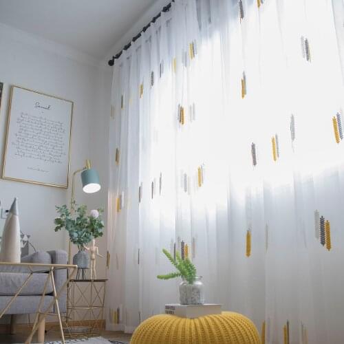 Simple Pastoral Off-White Yellow Wheat Ear Embroidery Decorative Window Treatment Tulle For Living Room Curtain Fabric Drapes