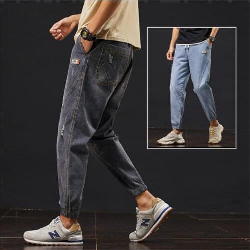 New Men Jeans Ripped Japan Syle Loose Long Workwear Fashion Casual Teen Wide Classic Denim Pants