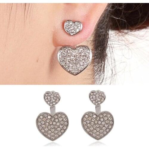 Jisensp Delicate Rhinestone Peach Heart Ear Jackets Romantic Double Heart Stud Earrings Everyday Jewelry for Women Girls