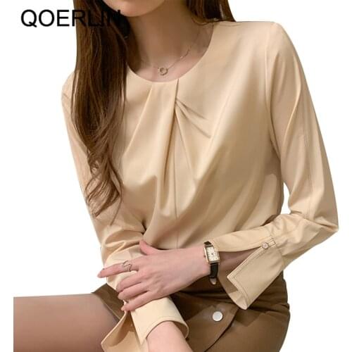 S-2XL Champagne Chiffon Blouse Women Long Sleeve Criss-cross Neck Clothes for women Fashion Elegant Tops Shirt Solid Blusa Mujer
