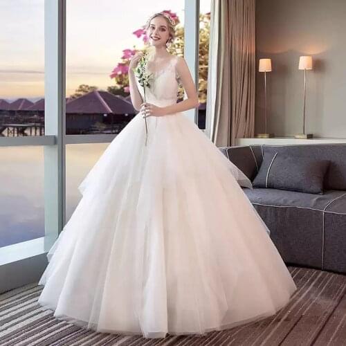 Wedding Dresses Illusion V-Neck Sleeveless Backless Tulle Lace Pleat Luxury White Floor-Length Vintage Women Bridal Gown GB491