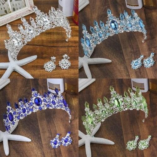 Baroque Fashion Party Crystal Crown Jewelry Womens Gold Multicolor Tiara Wedding Bride Bridal Hair Accessories Blue Crown