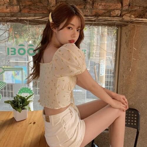 Shirt Women Exposed Short Puff Summer Crop Top Women Ruffles Chiffon Sleeve Tee Shirt Blouse 2021 Fashion Lace up