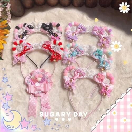 Yi Tian Cat Ear Lolita Handmade Plush Ball KC Cute Origional Harajuku Hairband Kawaii Hair Accessories