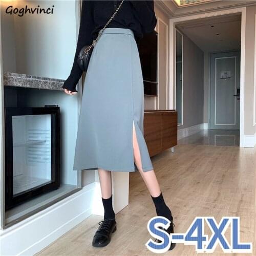 Skirts Women A-line Elastic Waist Side Slit Casual Elegant Simple Basic High Quality Office Lady Korean Style Plus Size S-4XL