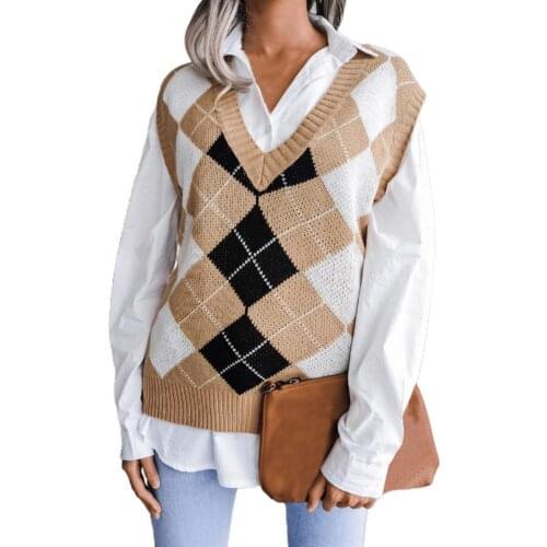 Women Knitted Sweater Vest Soft Breathable High Elasticity Plaid Pattern Sweater Vest High Elasticity Plaid Pattern Sweater Vest