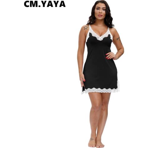 CM.YAYA Women Mini Dress Lace Patchwork Sleeveless Strap V-neck Loose A-line Dresses Sexy Homewear Summer Fashion Vestidos 2021