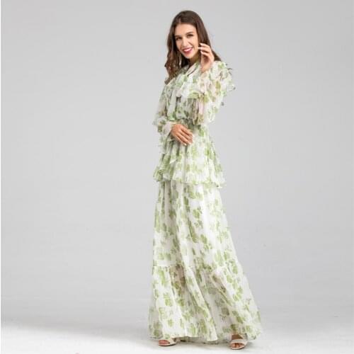Women green flower printed long dress summer 2021 women floor-length dresses with bow plus size XXXL