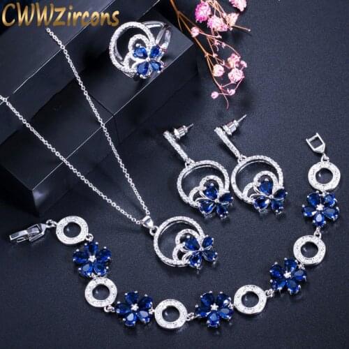 CWWZircons New Fashion Dark Blue CZ Lovely Flower Drop Necklace Earrings Bracelet and Rings 4 pcs Jewelry Sets for Women T339