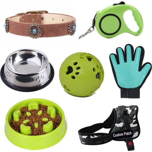 6Pcs Pet Products Set, Customized Dog Harness Leather Collar Ball Toy Grooming Remover Puzzle Bowl