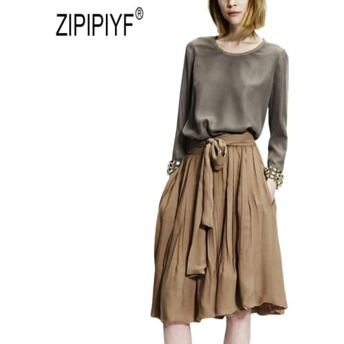 Noble Fashion Women Sets O Neck Long Sleeve Solid Color Loose T-Shirt Top Bow Bandage Design Pleated Vintage Casual Skirts Z2289