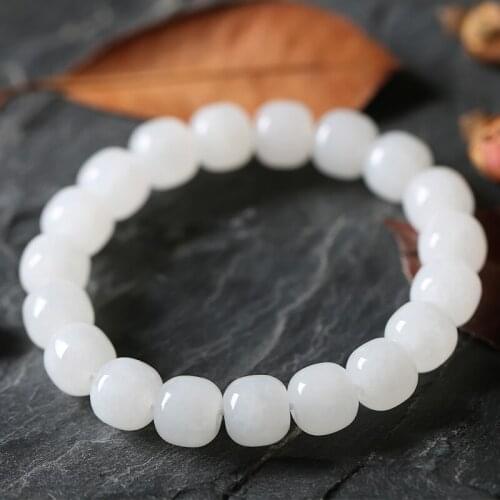 Natural White Jade Sheep Fat Jade Bracelet 11x13mm Old Shape Bead Ladies Jewelry Gift Natural Chinese Jade Handmade Bracelet