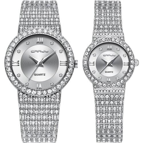 CRRJU Women Men Luxury Round Dial Jewelry Bracelet lover Watches Ladies Quartz Couple Rhinestone Gift Wristwatch steel relogio