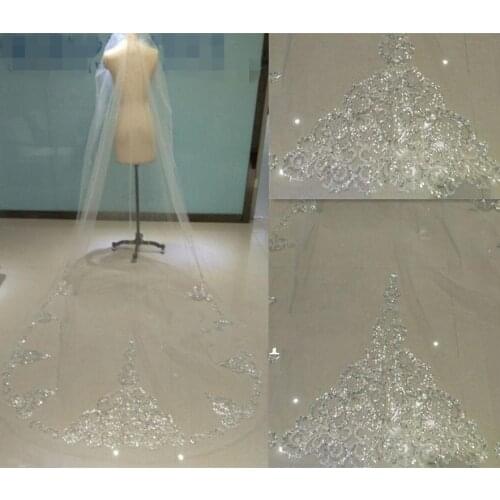 1t 3M Cathedral Lace Bridal Wedding Veil White Ivory Rhinestone Sequins Bling bride veil Comb