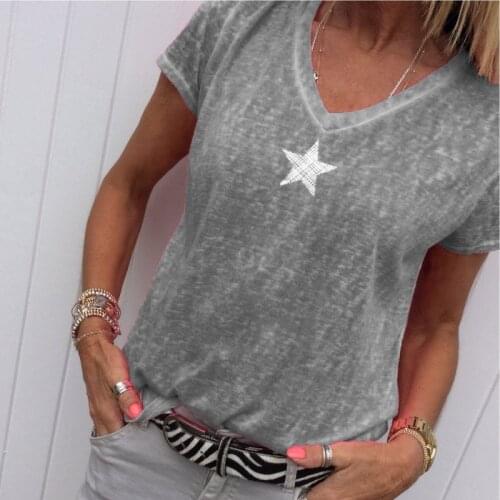 2021 Summer T- Shirt Casual Star Pattern V-Neck Loose Short Sleeve T-shirts Short Tops Girls Solid Top Shirt Large Size