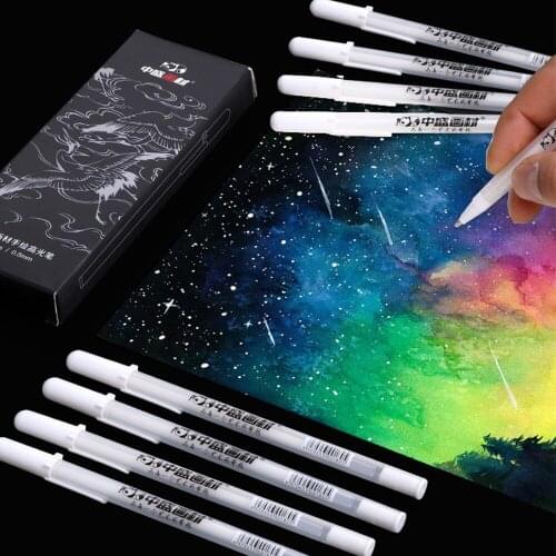 5pcs White Ink 1MM Gel Pen Highlight Bright White Pigment Line Pens Sketching Markers Drawing Manga Stationery School Supplies