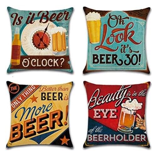 Cotton Linen Throw Pillow Case Square Decorative Cushion Cover with Beer Pattern 18 X 18 Inch Pillow Covers