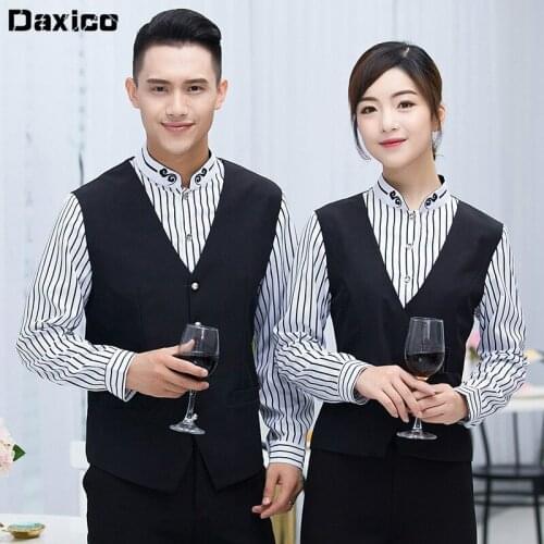 Man Restaurant Waiter Uniform False Two Pieces Shirt with Vest Woman KTV Waitress Uniform Hotel Food Service Work Wear Bar Suit