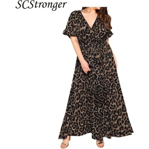 SCSTRONGER Summer Loose Slim Dress Low-Cut Sexy V Neck Tie Plus Size Leopard Print Long Skirt Vestidos Mujer Verano 2021