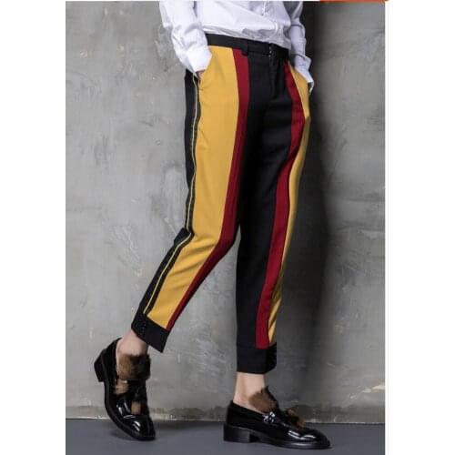 M-3xl Autumn And Winter Mens Slim Splicing Panelled Stripes Feet Nine Points Pants Tapered Small Trousers Men Hair Stylist Tide