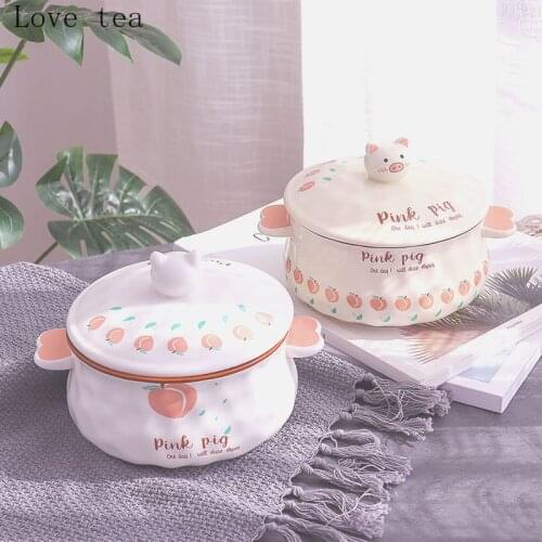 Cartoon piglet cute binaural ceramic bowl household instant noodles with lid anti-scalding student dormitory noodle bowl
