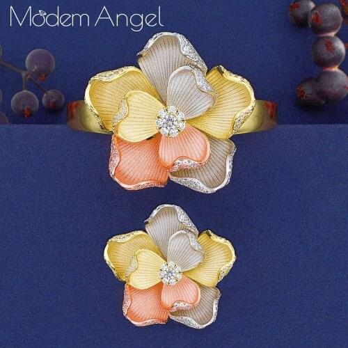 ModemAngel New Blossom Flower Cluster Luxury Arabia Bangle Ring Set For Women Full Micro Cubic Zircon Pave Party Wedding Saudi A