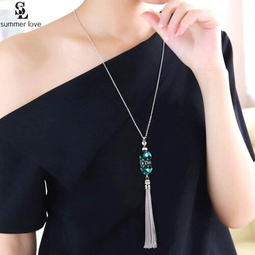 Fashion Long Sweater Chain Necklace 2021 New Silver Color Crystal Bead Tassel Pendant Necklace Women Collar Statement Jewelry