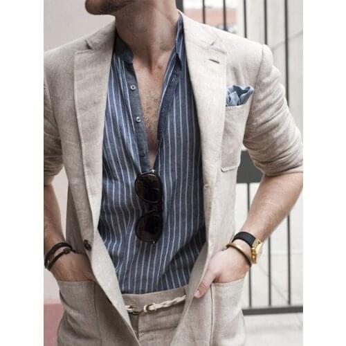 ANNIEBRITNEY Khaki 2 Piece Men Slim Fit Linen Summer Suit 2020 Summer Beach Groom Wedding Tuxedo Tailor Made Casual Men Suit