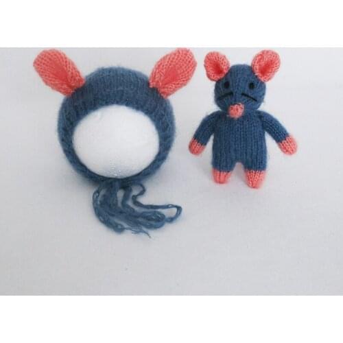 Newborn Knittde Hat and Toy Set Photography Props Angora Mouse Bonnet and Doll Baby Photo Props