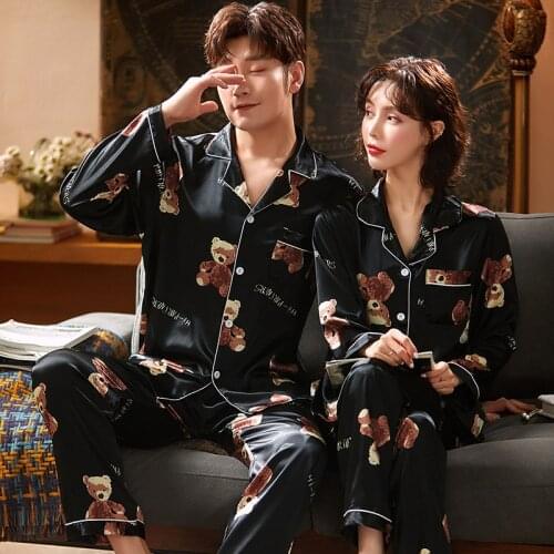 2021 New Couple Pajamas Womens Spring and Autumn Long Sleeve Thin Ice Silk Cute Suit Mens Summer Home Wear