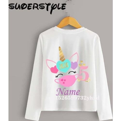 2021 New Spring Autumn 1-9 Princess Custom name Girl Quarantine Unicorn T Shirt Happy Birthday Long Sleeve Kids T-shirts,dLKP365