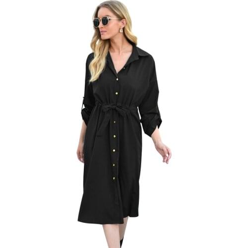 Solid Color Turn Down Collar Long Sleeve Bandage Single Breasted Women Shirt Dress Elegant Temperament Office Ladies Dresses