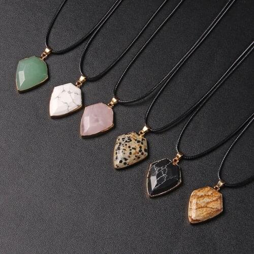 Natural Stone Beads Pendant Necklace Geometric Shape Natural Rose Quartzs Crystal Pendant Necklace Fashion Jewelry Women Men