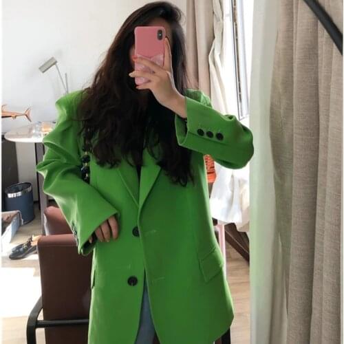Women Notched Single-breasted Green Full Loose Suit Fashion lady Big Pocket High Quality Office Blazers Coat