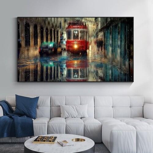 Retro City Street Oil Paintings on Canvas Abstract Landscape Posters and Prints Wall Hanging Pictures for Living Room Decor