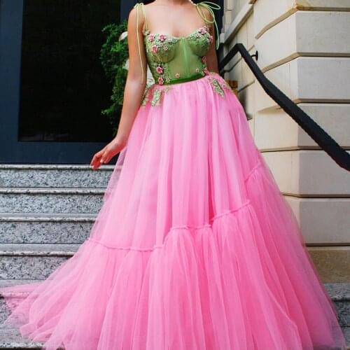 Green and Pink Evening Dresses Spaghetti Strap Handmade Flowers A-Line Tulle Arabic Prom Gown Beaded Party Dress for Graduation