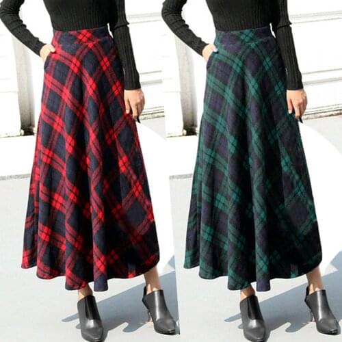 S-XXL Womens Long umbrella skirt High Elastic Waist Maxi A-line Plaid Winter Warm Flare Long Ankle Skirt pleated skirts vogue F4