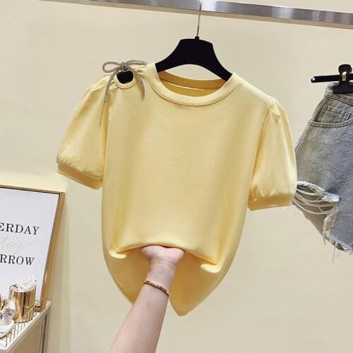 New Korean Bow Hollow Out Summer Fashion T Shirt Women Tops solid Short sleeve Women Tshirt 2021 women sexy tops