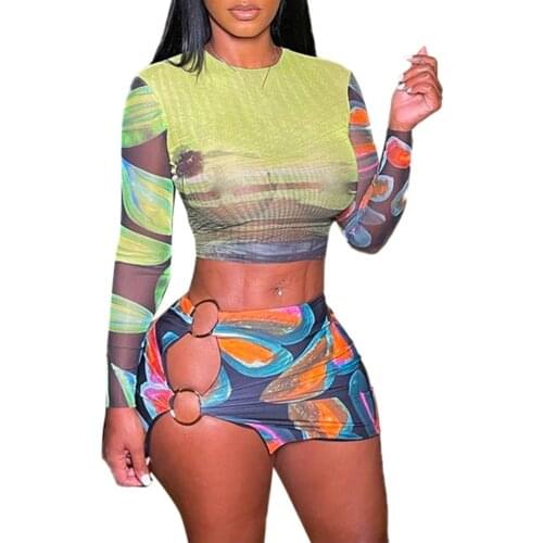 Womens T-shirt and Short Skirt Suit Fashion Print Cropped Tops and Hollow High Waist Tight Skirt