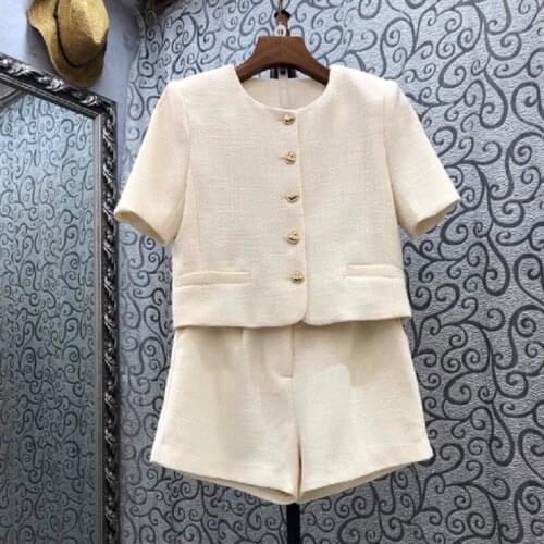 2021 Autumn Winter Fashion Wool Suits High Quality Women Golden Button Woolen Tops Coat+Wool Blend Short Sets 2 Piece Coat Set