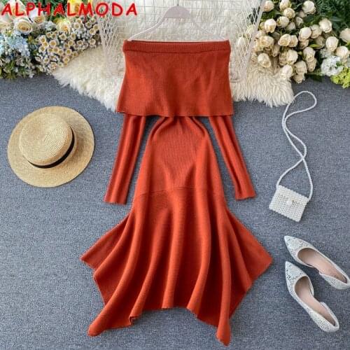 ALPHALMODA Feminine Dress Autumn Winter Strapless Long-sleeved Stretch Knit Slim Irregular Mermaid Knitting Dress Vintage Dress